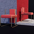 Modern Red Upholstered Dining Chairs With Gold Frame Against Blue And Red Walls