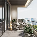 Cozy Modern Home Balcony With Wooden Flooring Glass Railings Rattan Furniture City View Green Plants