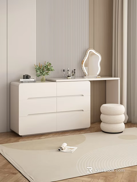 Modern White Vanity Table With Arched Mirror Drawers Green Plant And Stool 3d model 