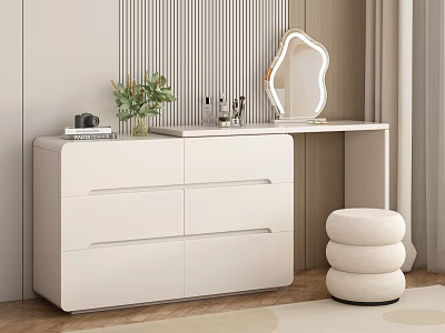 Modern White Vanity Table With Arched Mirror Drawers Green Plant And Stool 3d model
