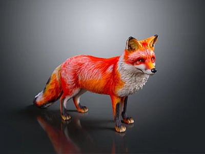 Red Orange And White Fox Standing On Dark Reflective Background With Realistic 3D Features 3d model