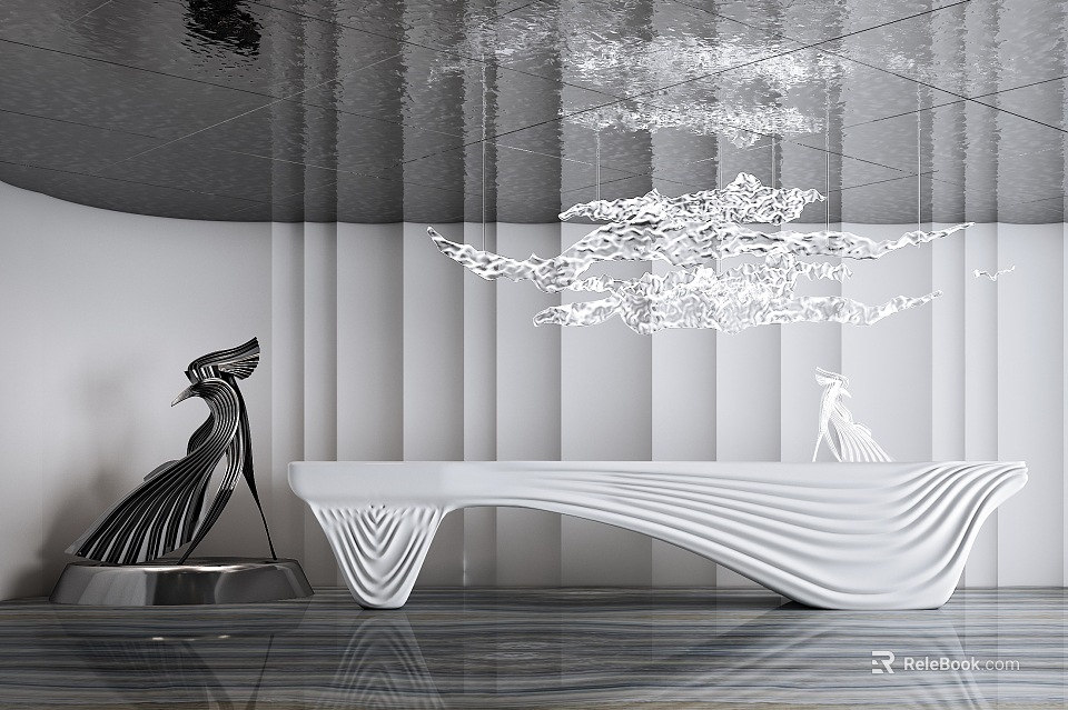 Modern Curved White Reception Desk with Artistic Sculptures and Pendant Lights on Minimalist Backdrop 3d model 