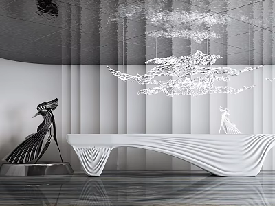 Modern Curved White Reception Desk with Artistic Sculptures and Pendant Lights on Minimalist Backdrop 3d model