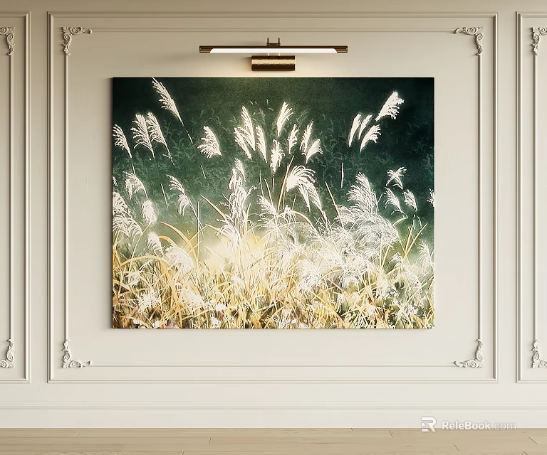 Abstract Painting of White Reeds on Green Background Hanging on White Decorative Wall with Lighting 3d model 