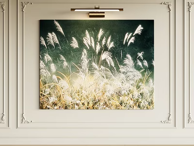 Abstract Painting of White Reeds on Green Background Hanging on White Decorative Wall with Lighting 3d model