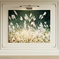 Abstract Painting of White Reeds on Green Background Hanging on White Decorative Wall with Lighting
