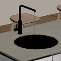 Modern Kitchen Black Sink With Water Flowing From Black Faucet On Gray Countertop