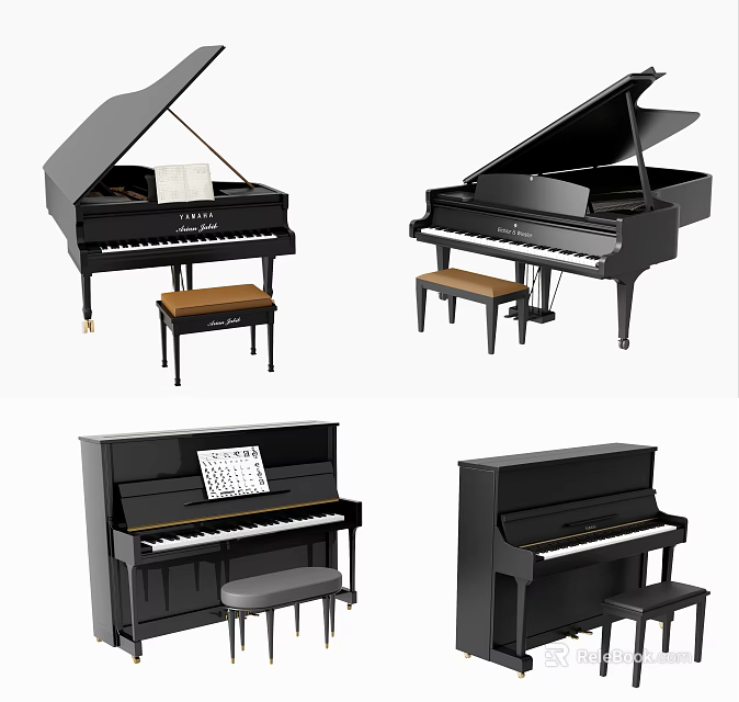 Elegant Piano Collection Including Grand Upright Models with Benches and Music Sheets 3d model 