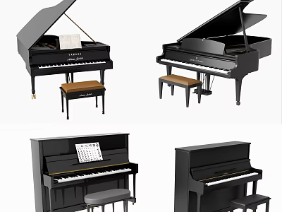 Elegant Piano Collection Including Grand Upright Models with Benches and Music Sheets 3d model