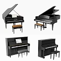 Elegant Piano Collection Including Grand Upright Models with Benches and Music Sheets