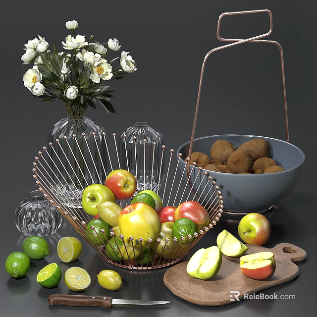 Fresh Assorted Fruits in Wire Basket with Kiwi Bowl Sliced Apples and Limes 3d model 