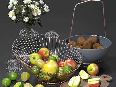 Fresh Assorted Fruits in Wire Basket with Kiwi Bowl Sliced Apples and Limes 3d model