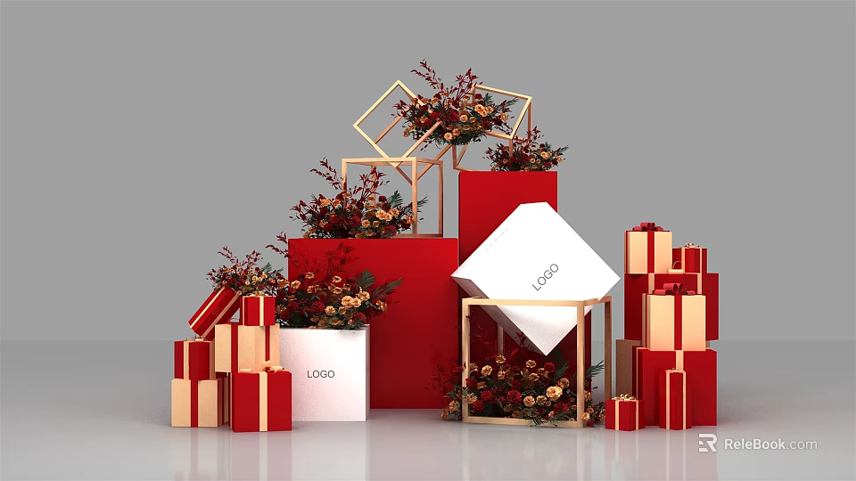 Elegant Stacked Red Gold Gift Boxes With Floral Decor Geometric Frames And Logo 3d model 