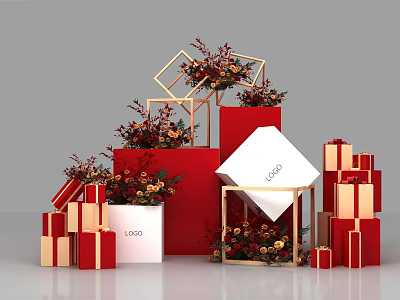 Elegant Stacked Red Gold Gift Boxes With Floral Decor Geometric Frames And Logo 3d model