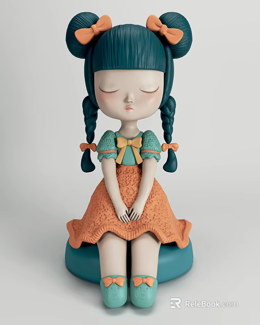Blue Haired Doll With Braided Pigtails Orange Bow Green Top Yellow Bow Orange Skirt Sitting 3d model 