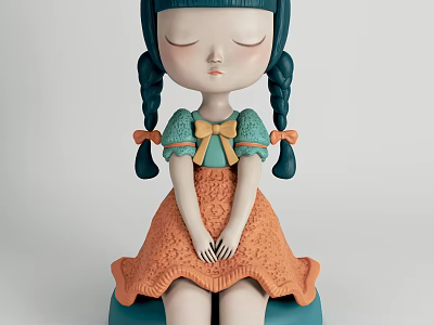 Blue Haired Doll With Braided Pigtails Orange Bow Green Top Yellow Bow Orange Skirt Sitting 3d model