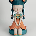 Blue Haired Doll With Braided Pigtails Orange Bow Green Top Yellow Bow Orange Skirt Sitting
