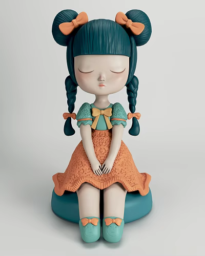 Blue Haired Doll With Braided Pigtails Orange Bow Green Top Yellow Bow Orange Skirt Sitting 3d model