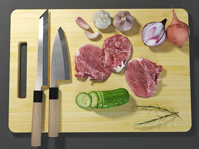 Wooden Cutting Board With Kitchen Knives Raw Meat Vegetables And Rosemary On Counter 3d model