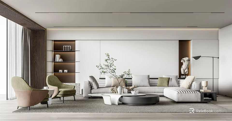 Modern Living Room Interior With Light Gray Sofa Green Armchair Round Coffee Table And Bookshelf 3d model 