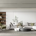 Modern Living Room Interior With Light Gray Sofa Green Armchair Round Coffee Table And Bookshelf
