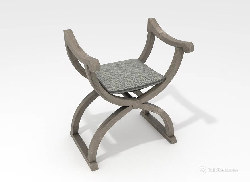 Sturdy Modern Wooden Stool With Crossed Frame And Gray Upholstered Seat 3d model 