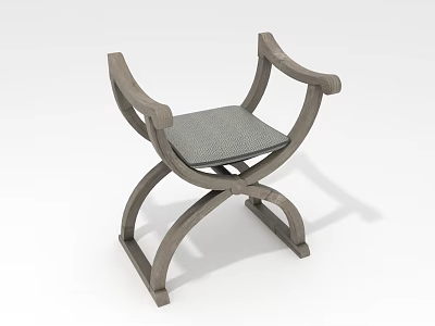 Sturdy Modern Wooden Stool With Crossed Frame And Gray Upholstered Seat 3d model