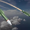 Green Missiles Flying In Blue Sky With Trailing Smoke And Clouds Over Ground