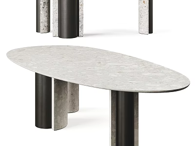 Modern Minimalist Dining Table Set with Oval Marble Top and Black Gray Metal Stone Legs 3d model