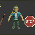 Man In Blue Shirt Standing With Axe And Red Stop Sign In Gray Background