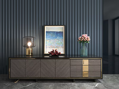 Modern Dark Gray TV Stand With Gold Details Lamp Painting Flower Bouquet On Marble Floor 3d model