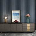 Modern Dark Gray TV Stand With Gold Details Lamp Painting Flower Bouquet On Marble Floor