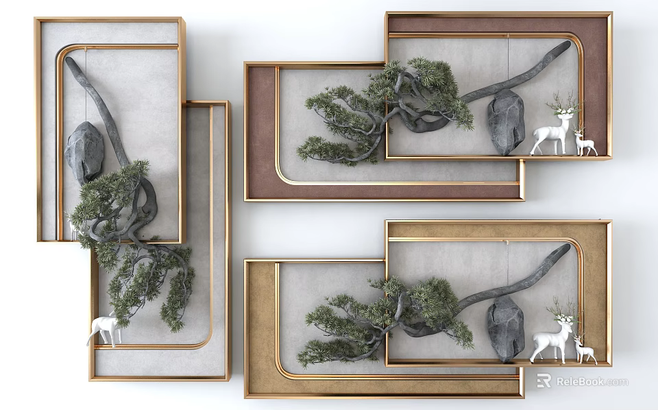 Gold Framed Wall Decor With Pine Branches Stones And White Deer 3d model