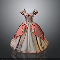 Man Holding Pink White Princess Dress With Ruffled Skirt And Red Decorations