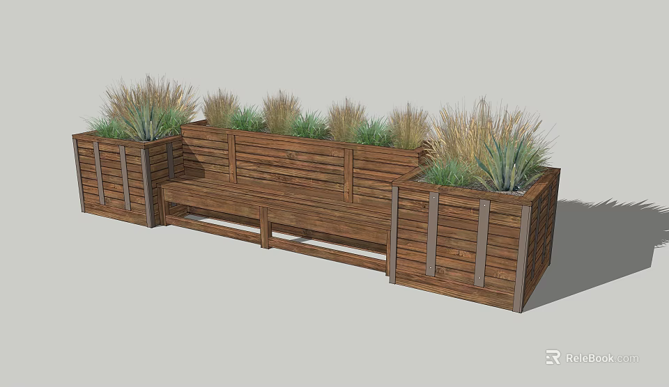 Wooden Flower Planters With Built In Bench And Green Herb Plants Outdoor 3d model 
