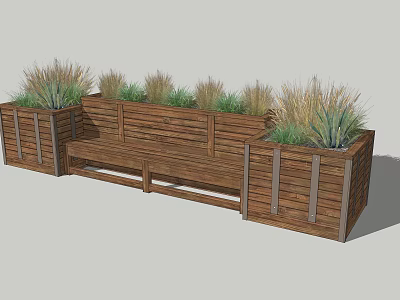 Wooden Flower Planters With Built In Bench And Green Herb Plants Outdoor 3d model