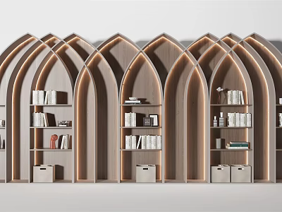 Modern Wooden Bookshelf with Arched Design Decorative Items and Soft Lighting 3d model