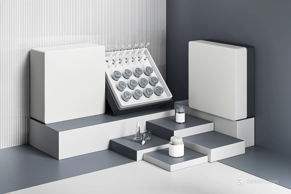 Minimalist Perfume Cosmetics Display Interior With White Stands And Glass Bottles 3d model 