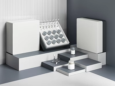 Minimalist Perfume Cosmetics Display Interior With White Stands And Glass Bottles 3d model
