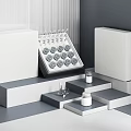 Minimalist Perfume Cosmetics Display Interior With White Stands And Glass Bottles