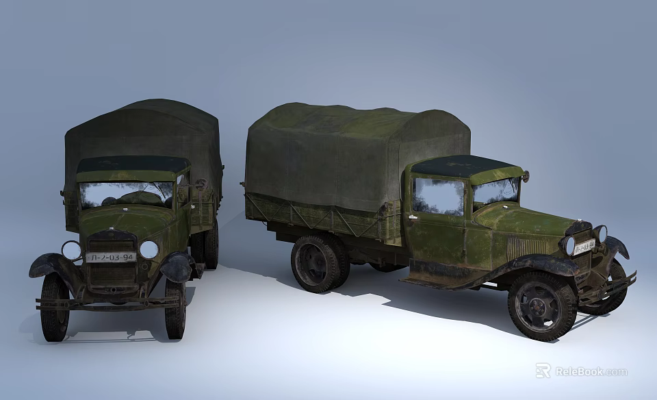 Two Vintage Green Canvas Covered Cargo Functional Vehicles Displayed Together 3d model