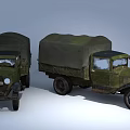 Two Vintage Green Canvas Covered Cargo Functional Vehicles Displayed Together 3d model
