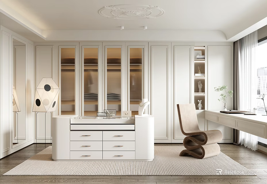 Modern Elegant Walk in Closet Interior With White Cabinets Dressing Table Mirror And Accent Chair 3d model 