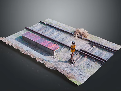 Railroad Tracks Scene With Small Red Roof Building Signal Light And Gravel Bed 3d model
