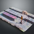 Railroad Tracks Scene With Small Red Roof Building Signal Light And Gravel Bed