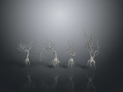 Serene Leafless Trees Landscape Featuring Exposed Roots Gray Gradient Background And Ground Reflections 3d model