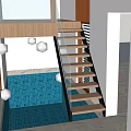 Modern Staircase With Wooden Steps Black Metal Railing And Glass Panels On Blue Tiled Floor