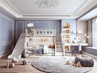 Kids Room Interior Design With Bunk Bed Slide Round Rug And Toys Decor 3d model