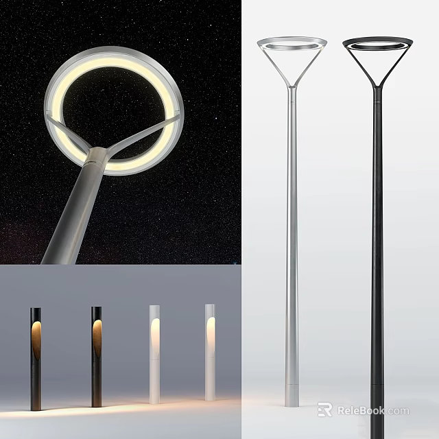 Outdoor Lights With Modern Design Silver And Black Finish Tall Pole Circular Light Head 3d model 