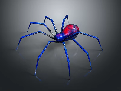 Shiny Spider With Blue Legs And Red Blue Body On Grey Reflective Background 3d model